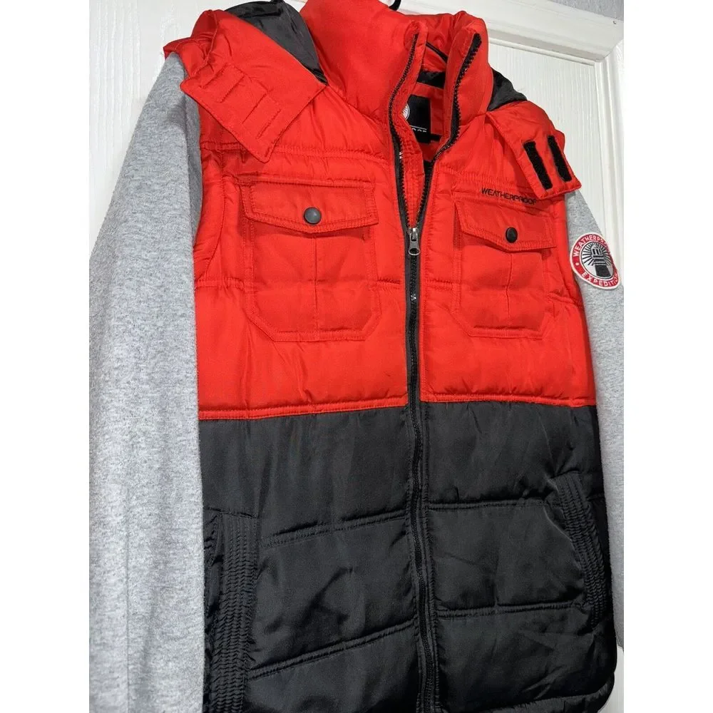 Weatherproof‎ Large 14/16 Warm Hooded Puffy Coat Vest Jacket Pockets Patch Hood